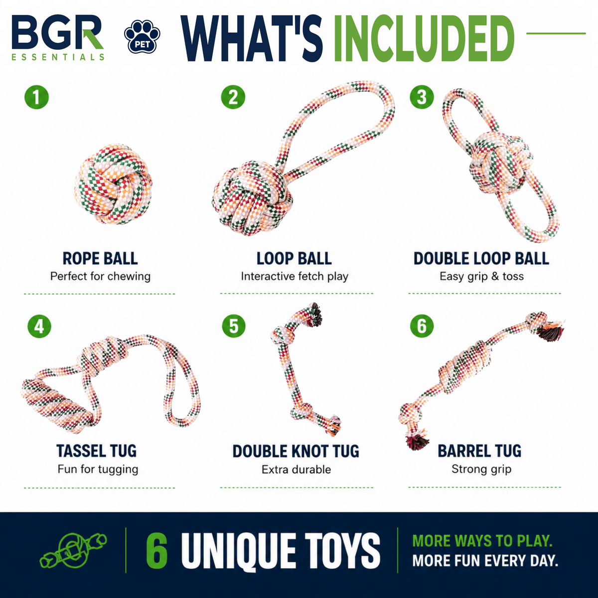 Heavy Duty Cotton Rope Dog Toys – 6 Pack